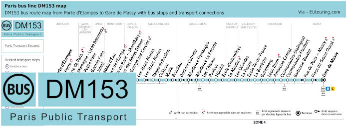 Paris bus DM153 map Porte d'Etampes to Gare de Massy