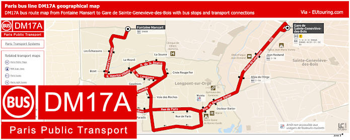 Paris DM17A bus map Fontaine Mansart to Gare de Sainte-Genevieve-des-Bois