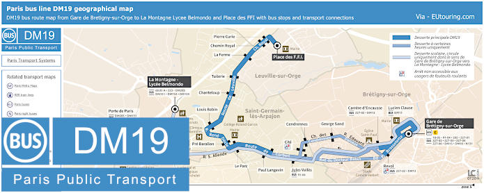 Paris DM19 bus map Gare de Bretigny-sur-Orge to La Montagne Lycee Belmondo and Place des FFI