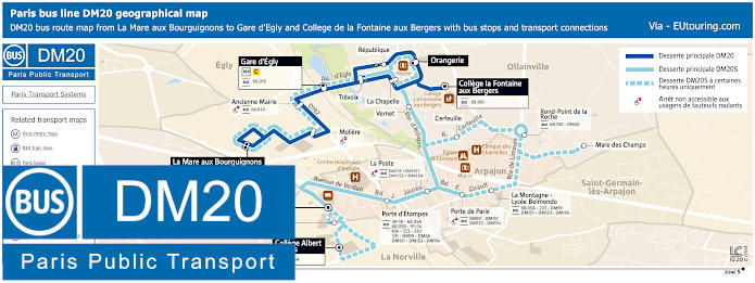 Paris DM20 bus map La Mare aux Bourguignons to College de la Fontaine aux Bergers