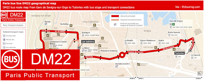 Paris DM22 bus map Gare de Savigny-sur-Orge to Tuileries