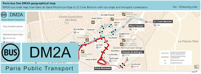 Paris bus DM2A map Gare de Saint-Michel-sur-Orge to ZI Croix Blanche