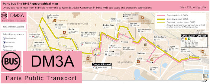 Paris bus DM3A map Francois Mitterrand to Gare de Juvisy Condorcet