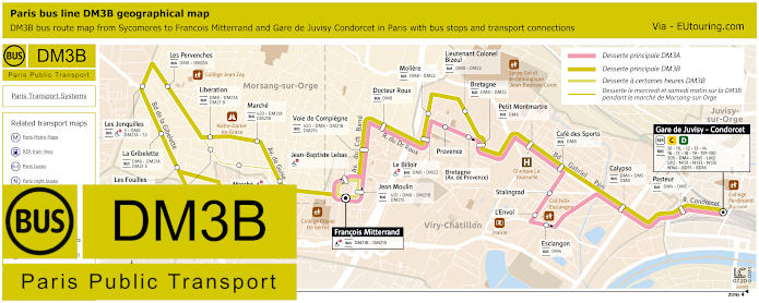 Paris bus DM3B map Sycomores to Francois Mitterrand and Gare de Juvisy Condorcet