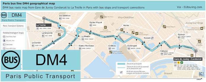 Paris bus DM4 map Gare de Juvisy Condorcet to La Treille
