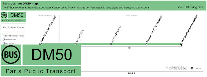 Paris bus DM50 map Gare de Juvisy Condorcet to Maison d'arret des Femmes