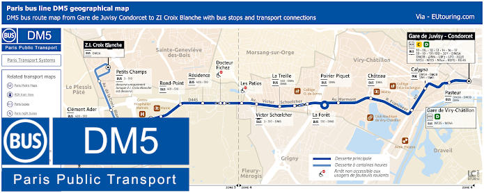 Paris bus DM5 map Gare de Juvisy Condorcet to ZI Croix Blanche