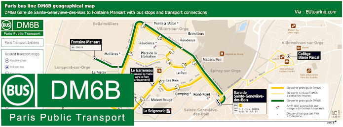 Paris bus DM6B map Gare de Sainte-Genevieve-des-Bois to Fontaine Mansart