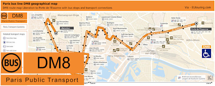 Paris bus DM8 map Liberation to Porte de l'Essonne