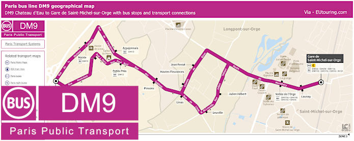 Paris bus DM9 map Chateau d'Eau to Gare de Saint-Michel-sur-Orge