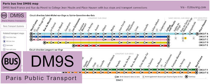 Paris bus DM9S map Nord France and Rue du Mesnil to College Jean Moulin and Place Hausen