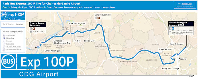 Paris Bus Express 100P map Airport CDG 1 to Persan Beaumont