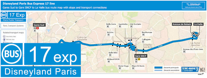 Disneyland Paris Bus Express 17 map with stops and connections