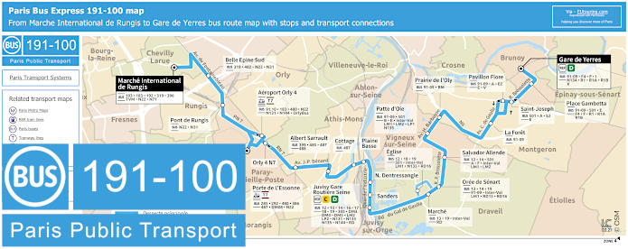 Paris Bus Express 191-100 map with stops and connections