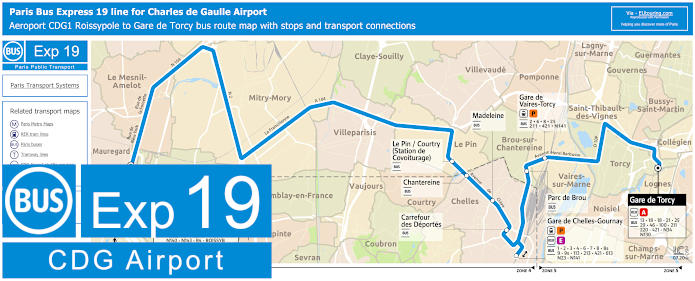 Paris Bus Express 19 route map for CDG airport