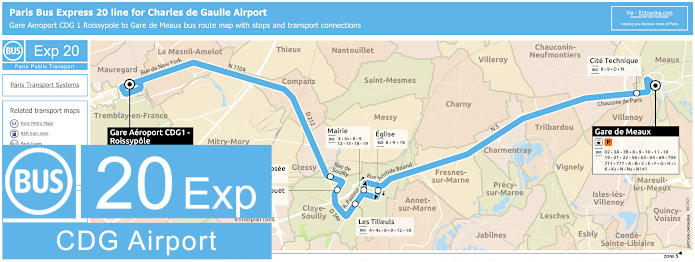 Paris Bus Express 20 map from CDG airport to Gare de Meaux