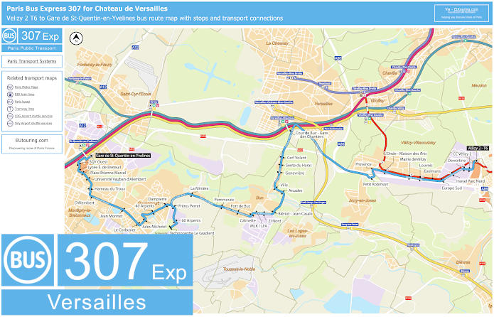 Paris Bus Express 307 map Versailles with stops and connections