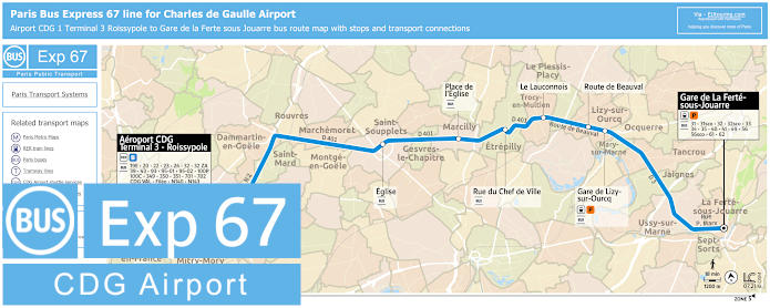 Paris Bus Express 67 map Airport CDG 1 T3