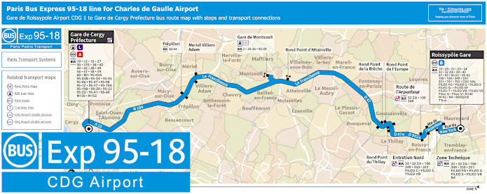 Paris Bus Express 95-18 map Airport CDG 1 to Gare de Cergy