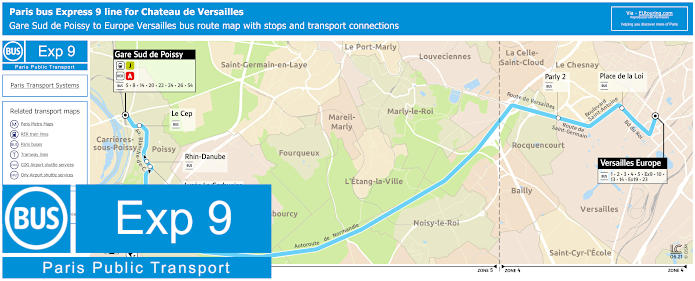 Paris Bus Express 9 route map for Chateau de Versailles