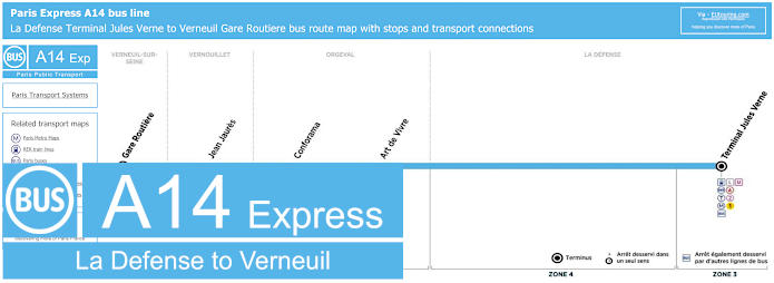 Paris Express A14 bus La Defense to Verneuil map