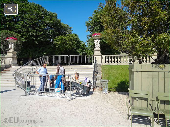 Workers repairing steps western terrace Luxembourg Gardens