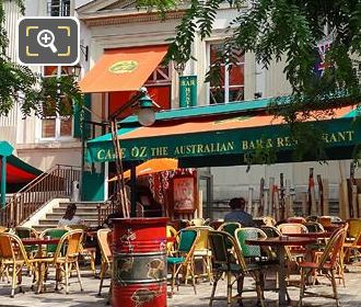 Cafe Oz colourful sun canopies, tables and chairs