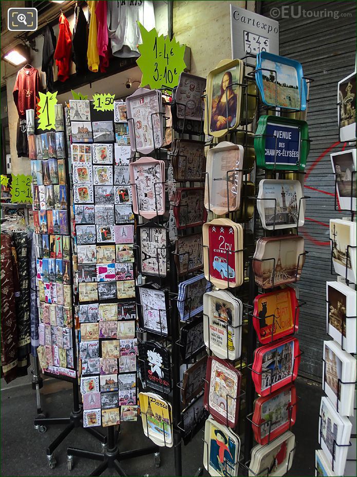 Trays, postcards for sale at Paris Rivoli gift shop