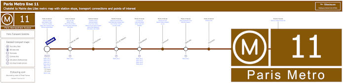 Paris Metro line 11 map with stops, connections and POI