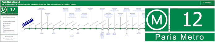 Paris Metro line 12 map with stops, connections and POI