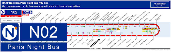 Paris Noctilien night bus line N02 map with stops and connections