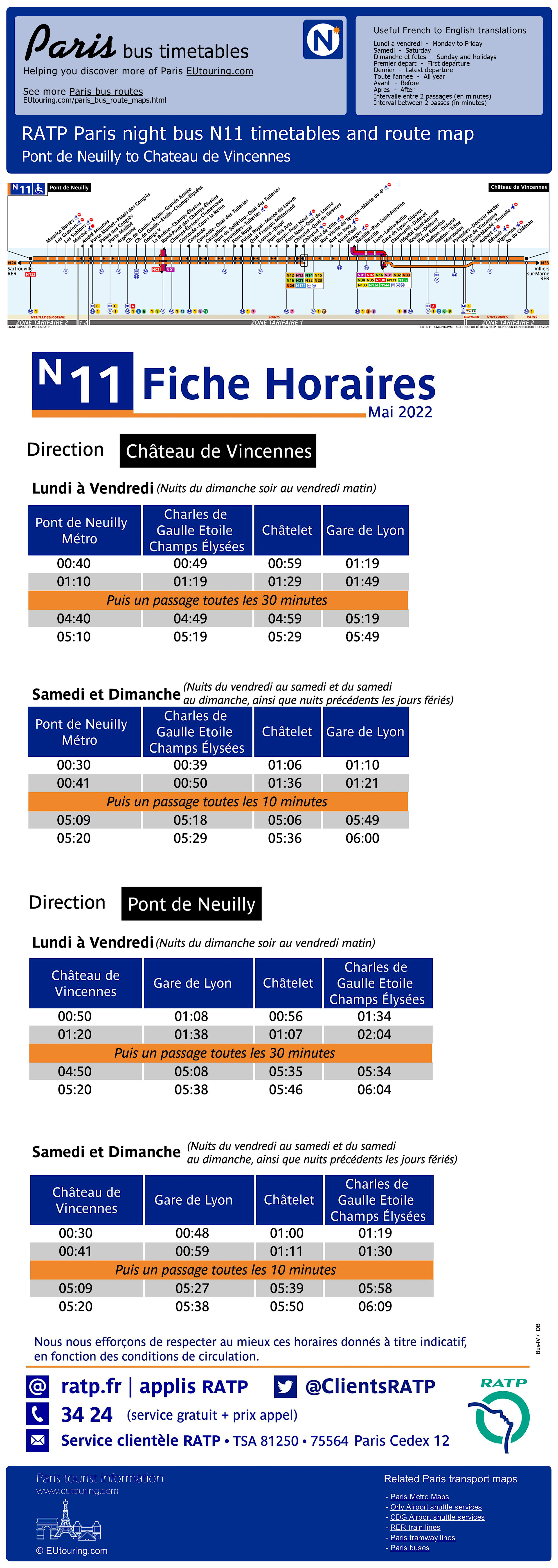 Noctilien bus maps and timetables for Paris night buses N10 to N19