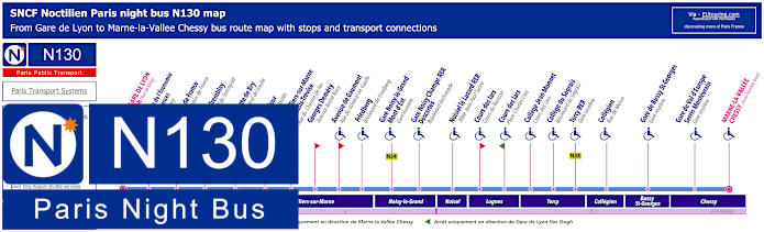 Paris Noctilien night bus line N130 map with stops and connections