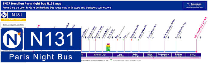 Paris Noctilien night bus line N131 map with stops and connections