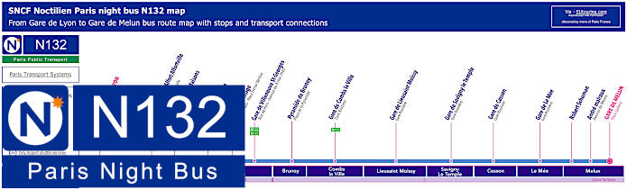 Paris Noctilien night bus line N132 map with stops and connections