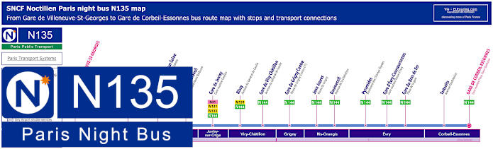 Paris Noctilien night bus line N135 map with stops and connections