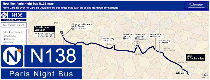 Paris Noctilien night bus line N138 map with stops and connections