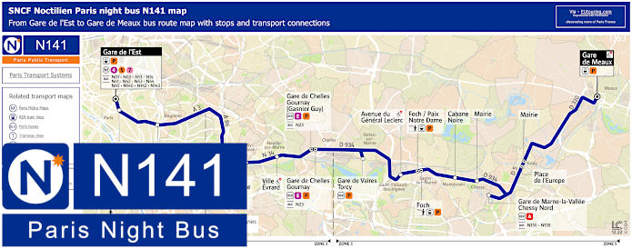 Paris Noctilien night bus line N141 map with stops and connections