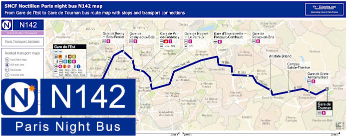 Paris Noctilien night bus line N142 map with stops and connections