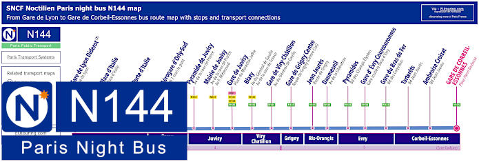 Paris Noctilien night bus line N144 map with stops and connections