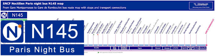 Paris Noctilien night bus line N145 map with stops and connections