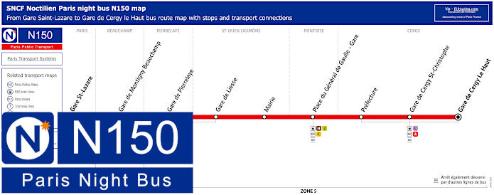 Paris Noctilien night bus line N150 map with stops and connections