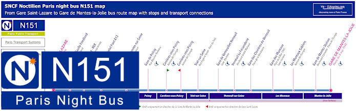 Paris Noctilien night bus line N151 map with stops and connections