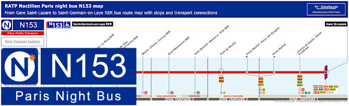 Paris Noctilien night bus line N153 map with stops and connections