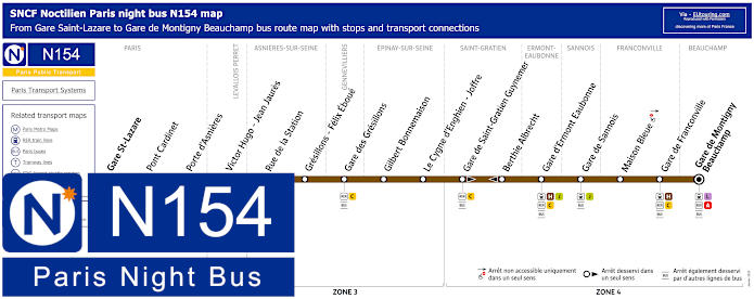 Paris Noctilien night bus line N154 map with stops and connections