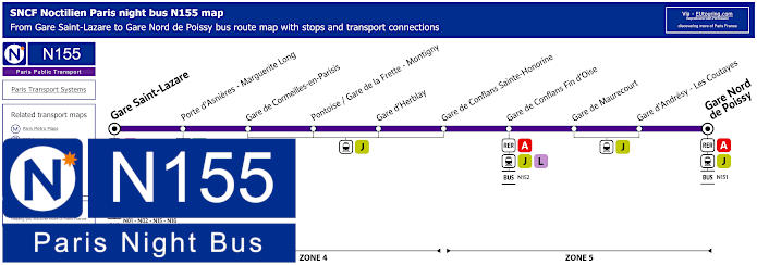 Paris Noctilien night bus line N155 map with stops and connections