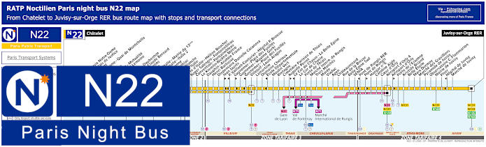 Paris Noctilien night bus line N22 map with stops and connections