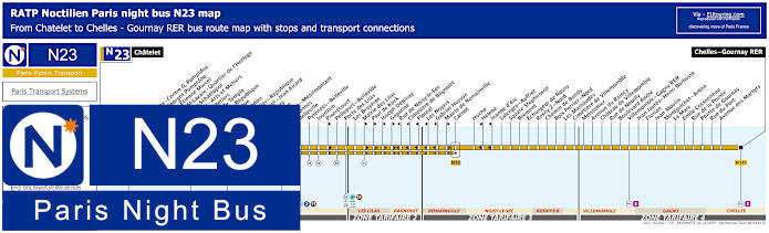 Paris Noctilien night bus line N23 map with stops and connections