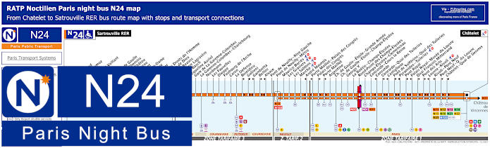 Paris Noctilien night bus line N24 map with stops and connections