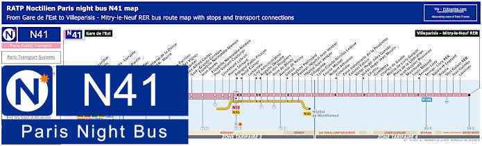 Paris Noctilien night bus line N41 map with stops and connections